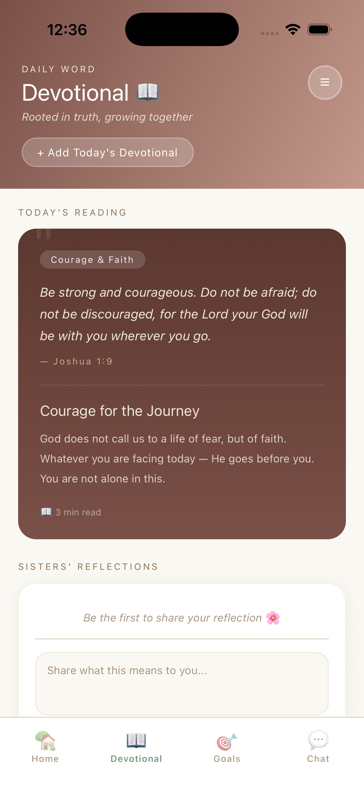 Daily devotional screen with scripture and reflections
