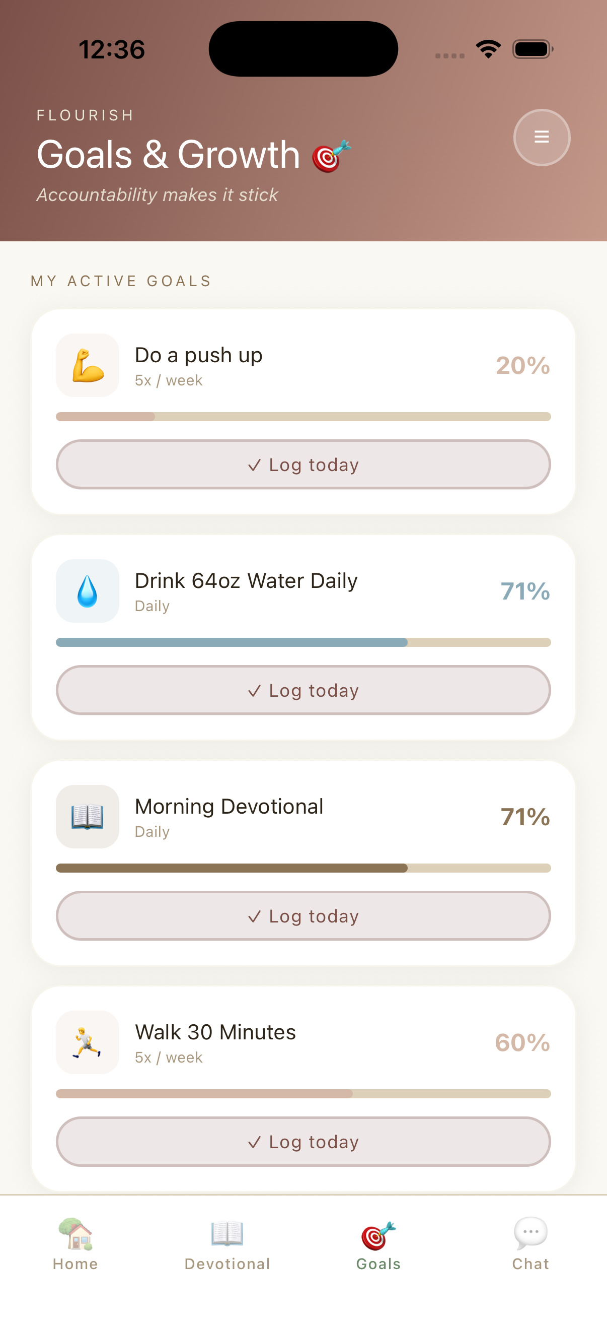 Goals tracking screen with progress bars