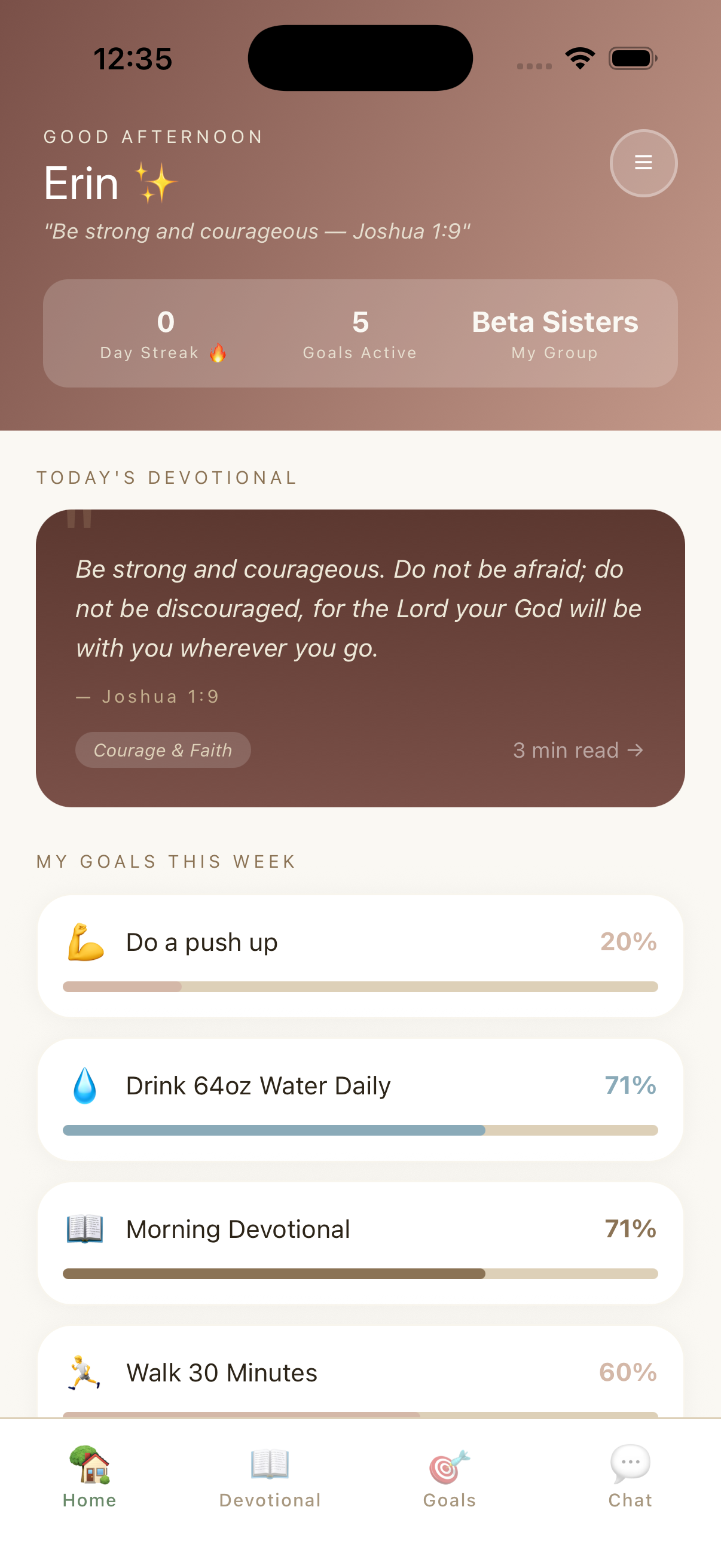 Home screen showing personalized greeting, goals, and devotional
