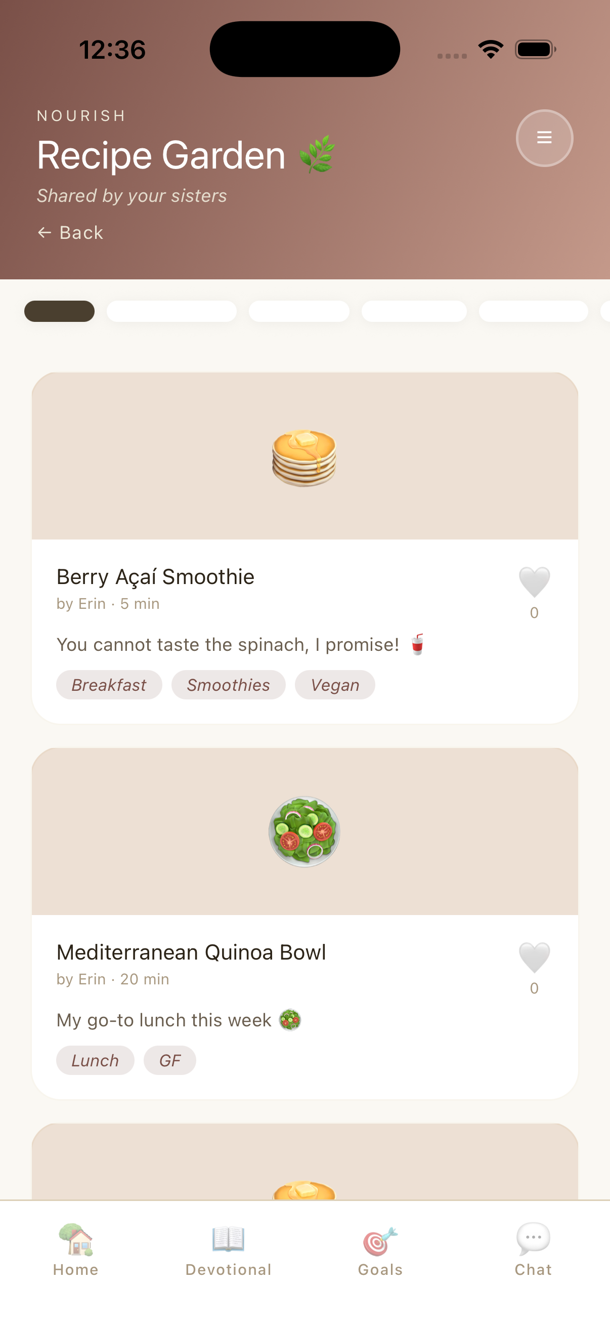 Recipe garden screen with shared recipes